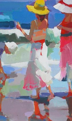 Προεπισκόπηση του έργου της Μαίρης Κολοκυθά - Πίνακας ζωγραφικής με τρεις ανθρώπους στην παραλία